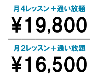 月4レッスン+通い放題19,800円と月2レッスン+通い放題16,500円と書かれた画像